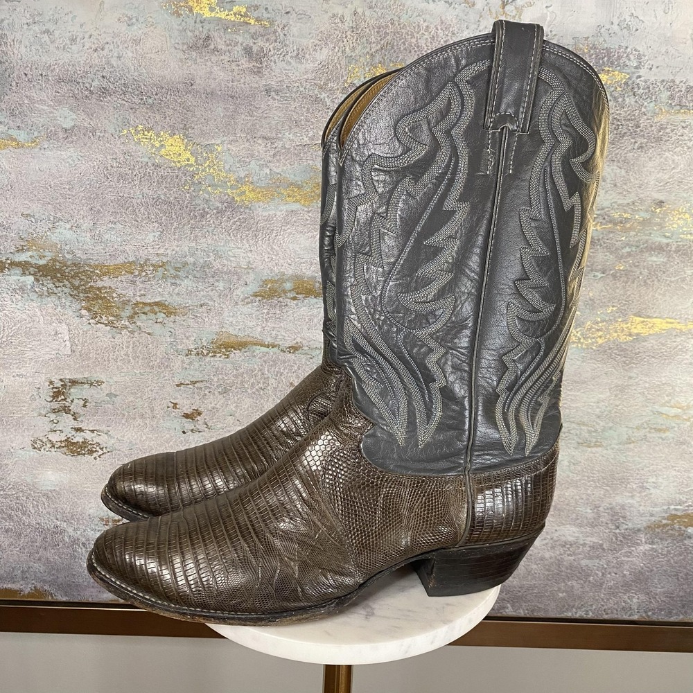 Vintage Justin Boots Mens Size 12E Brown Lizard Leather Western 8322 USA 80s